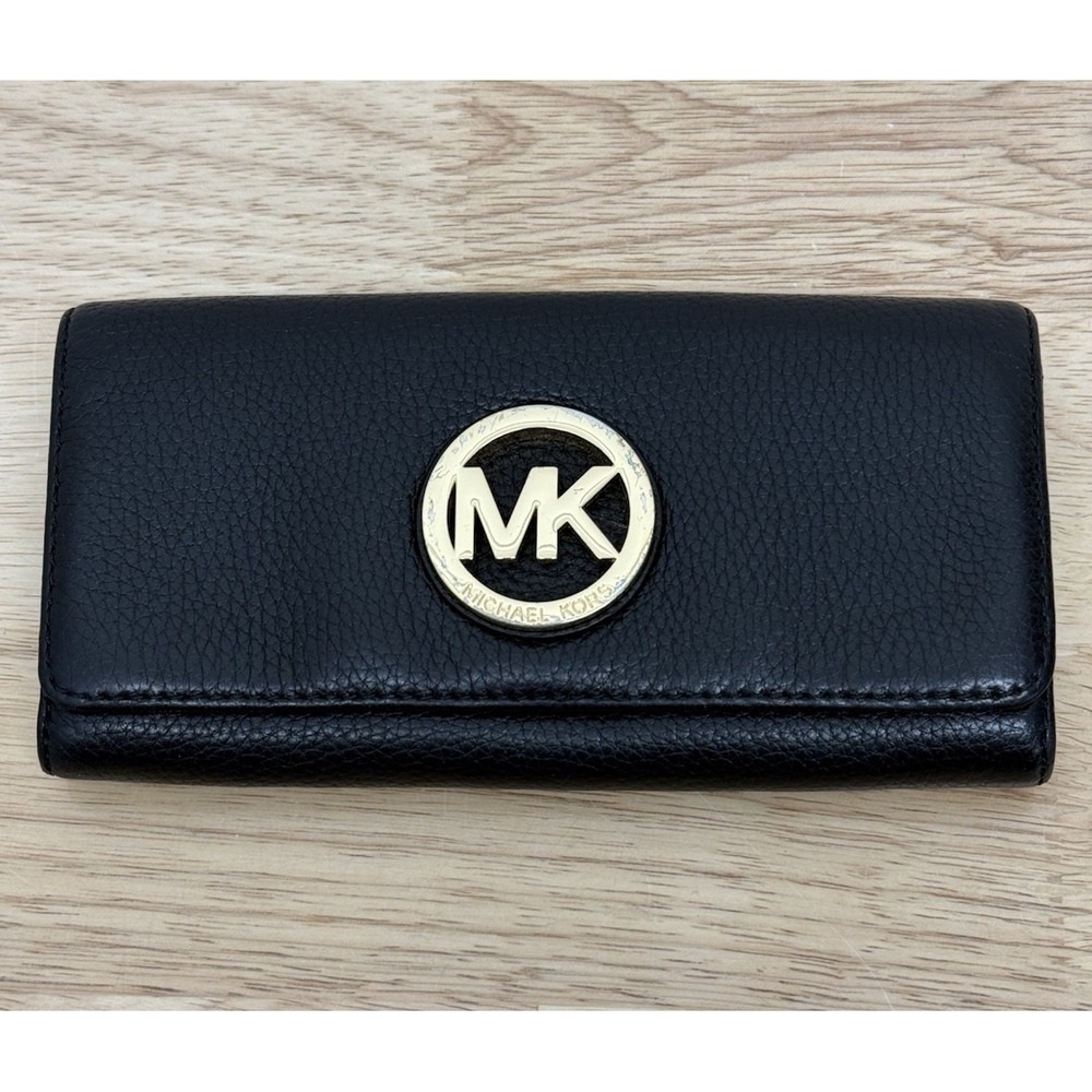 Michael Kors Fulton Flap Continental Black Pebble Leather Large MK Wallet #66